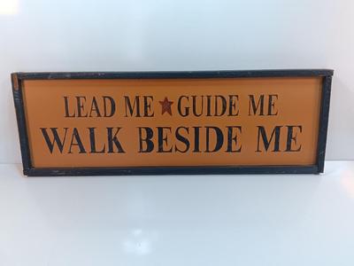 Wooden wall hanging artwork Lead me Guide me walk beside me with metal star emblem