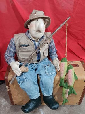 Handmade Grandpa Fisherman complete with pole and string of trout! Flies on his vest and hat