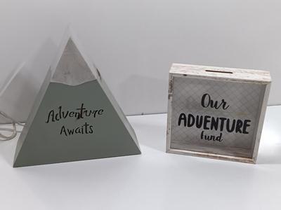 Adventure awaits! wooden accent light, and a Save for your next Adventure glass front wood framed fund bank