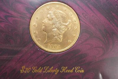 $20.00 GOLD LIBERTY HEAD COIN 1904 -THE AMERICAN HISTORIC SOCIETY