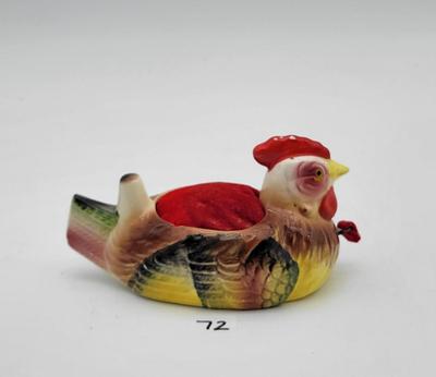 Vtg Enesco Japan Ceramic Rooster Sewing Pin Cushion & Tape Measure