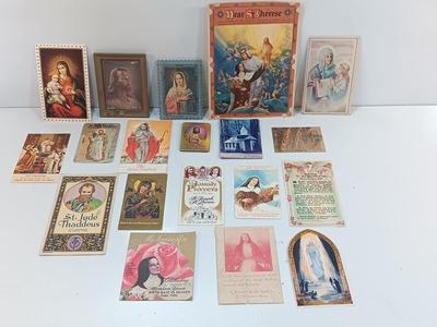 Large lot of Vintage Prayer cards - Framed Jesus litho - Framed Mary and more Catholic Prayer Cards