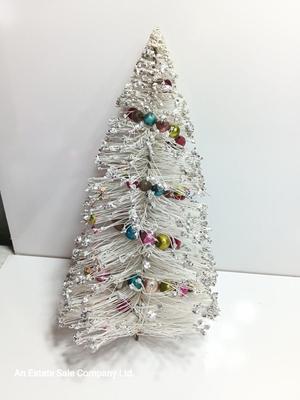 Vintage large white with silver tips Bottle Brush tree with Mercury bead glass garland