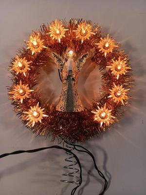 Vintage 11 Light 7 inch Round Angel Tree Topper Gold Tinsel Twinkles Wreath