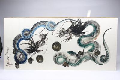 Vintage Original Art One Stroke Ink Watercolor Asian Art Blue & Green Dragons Mid-Century