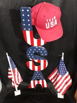 Metal USA with detachable stand Team USA cap and two vehicle window USA flags