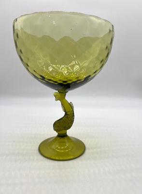 Olive Glass Fish Stemmed Large Compote/Bowl