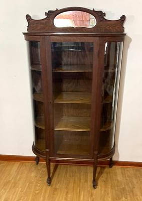 Antique Victorian Oak Wood Curved Glass China Display