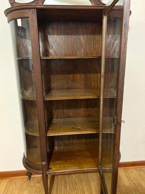 Antique Victorian Oak Wood Curved Glass China Display