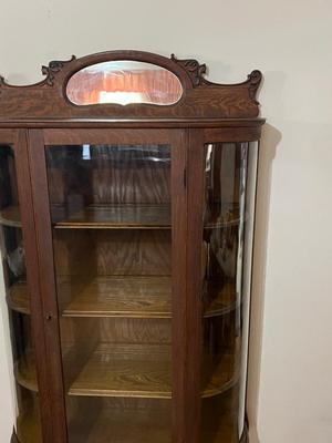 Antique Victorian Oak Wood Curved Glass China Display