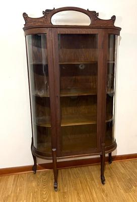 Antique Victorian Oak Wood Curved Glass China Display