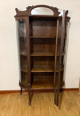 Antique Victorian Oak Wood Curved Glass China Display