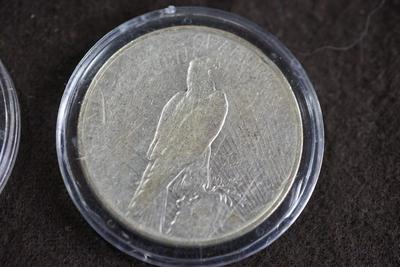 PEACE SILVER DOLLAR COLLECTION 1920'S /30'S  -TEN IN A PRESENTATION BOX & PLASTIC CASES.