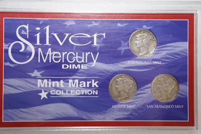 SILVER MERCURY DIMEs 1942 MINT MARK COLLECTION. THREE DIMES IN PLASTIC CASE