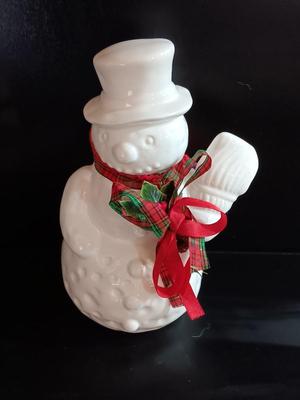 Flambro Ceramic Snowman With Broom Ribbons Holly Leaves and Berries