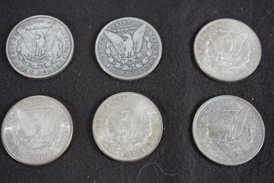 GROUPING OF SIX  MORGAN DOLLARS. 1870's and 1880's dates