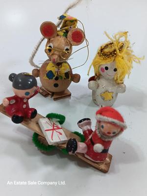 Three wooden Christmas tree ornaments Mouse - angel - teetertotter