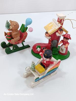 Three wooden Christmas tree ornaments Shoe - rainbow sleigh - and bear