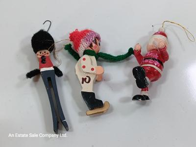 Three vintage wooden Christmas tree ornaments - Santa -Drummer boy - skier