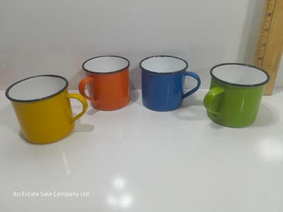 Four Colorful enamel ware metal mugs