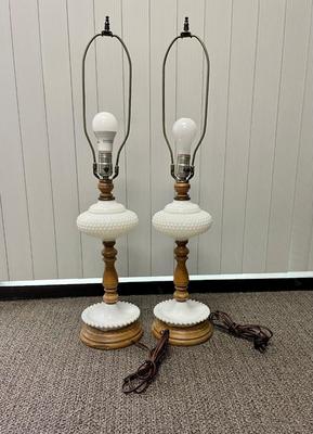 Pair of Vintage Mid Century Textured Hobnail Style Milk Glass Lamps