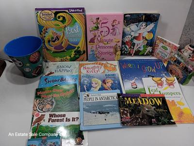 Variety of Children's books. Coloring booklet and crayons