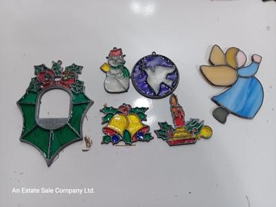 Variety of stained-glass Christmas Ornaments 1982 wreath