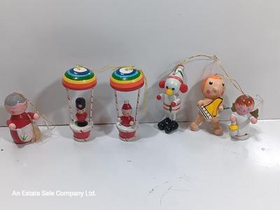Vintage wooden ornaments - Rainbow hot air balloons Santa Angel and more