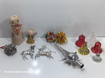 Antique plastic bell ornaments and tree topper with a primitive handmade Snowman