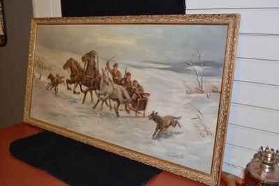 Very Vintage Original  Oil on Canvas Troika Sled Hunt, Signed 42x22