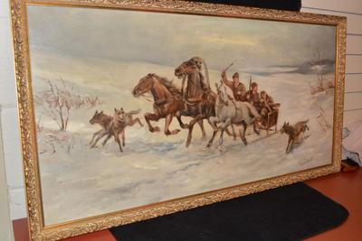 Very Vintage Original  Oil on Canvas Troika Sled Hunt, Signed 42x22