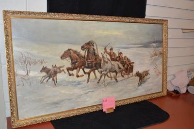 Very Vintage Original  Oil on Canvas Troika Sled Hunt, Signed 42x22
