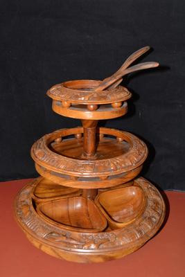 Vintage Monkey Pod 3 Tier Lazy Susan Condiment Stand 17x16