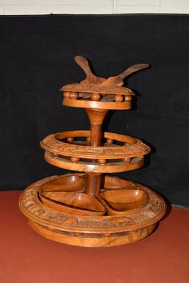 Vintage Monkey Pod 3 Tier Lazy Susan Condiment Stand 17x16