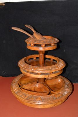 Vintage Monkey Pod 3 Tier Lazy Susan Condiment Stand 17x16