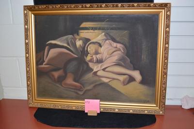 Sleeping Children Original Oil on Canvas, Signed 31.25x23.5