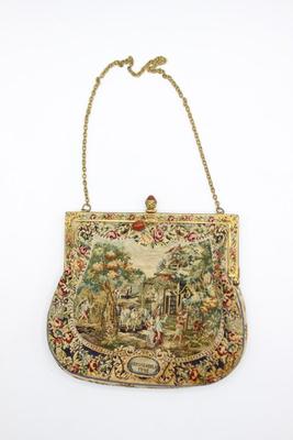 1950s Petit Pointe Fabric Pastoral Motif Frame Purse Jeweled Snap Tapestry Scenic