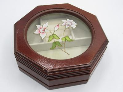 Retro Glass & Wood Octagon Shape Jewelry Trinket Keepsake Box Pink Flowers
