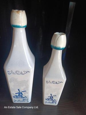 Two Vandermint Liquor White & Blue Decanter Bottle w/ blue & white tulip lids