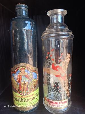 Beameister Noselbluemhen crock bottle with Old Fitzgerald Prime Wildlife glass bottle