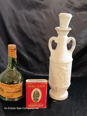 Rothschild Napoleon bottle and a Milk glass swirl Beams choice Decanter with prince Albert tin