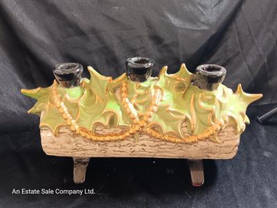 Vintage 70's ceramic centerpiece Yule log candle holder, hand painted, original centerpiece 1 of 2
