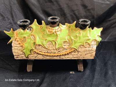 Vintage 70's ceramic centerpiece Yule log candle holder, hand painted, original centerpiece 2 of 2