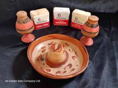 Pottery Sombrero with wooden Mexico salt & pepper shakers and metal spice tins