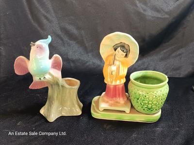 Vintage Mid-Century MCM Planters - Cockatiel and USA marked Girl planter