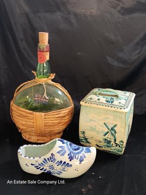 Vintage hand painted Holland Delft Holland floral planter with tin and wicker covered bottle