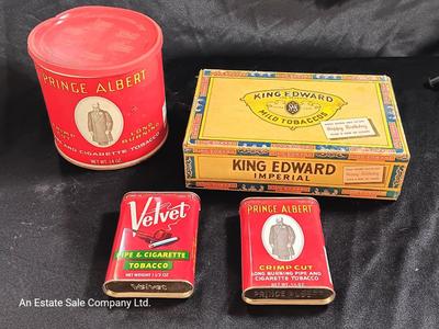 Prince Albert container with King Edward Cigar box and two tobacco tins
