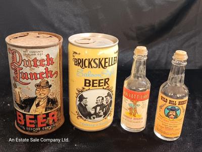 Vintage Beer cans with Humorous salt & pepper Kwyatt Urp and Wild Bill Hiccup salt & pepper shakers