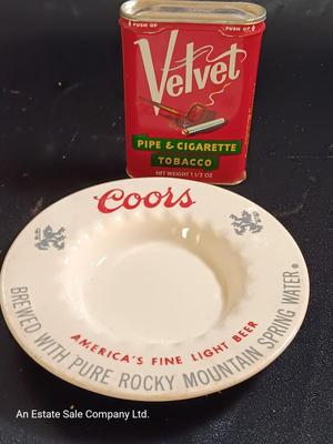 Adolph Coors ceramic ash tray with Velvet tobacco tin