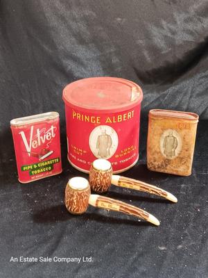 Velvet tobacco tin with Prince Albert containers and Cigar shaped salt & pepper shakers